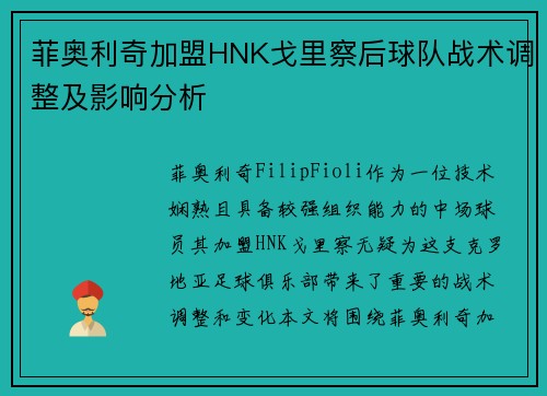 菲奥利奇加盟HNK戈里察后球队战术调整及影响分析